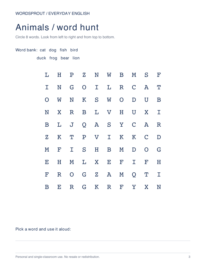 Printable Animals word hunt from the pack