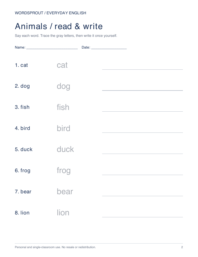 Printable Animals read, trace and write worksheet from the pack
